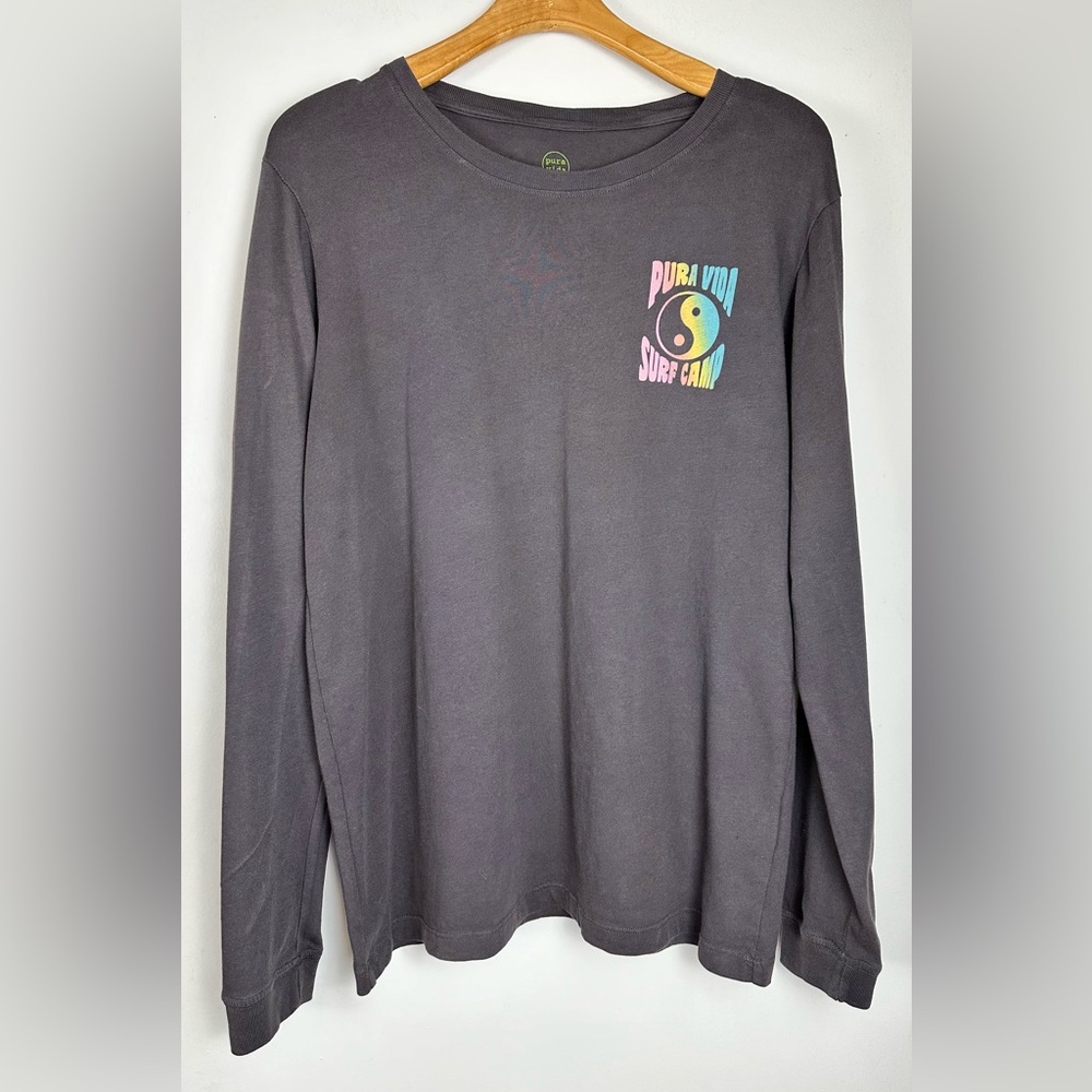 Pura Vida Surf Camp Long Sleeve Shirt Size L Yin Yang Graphic Tee Black Rainbow